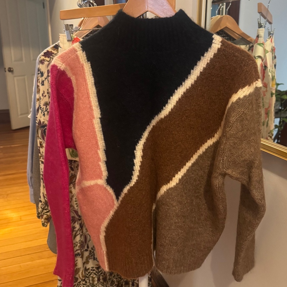 Sezane Colorblock Crewneck Sweater in Black, Brown, Pink, Hot Pink - Picture 2 of 5